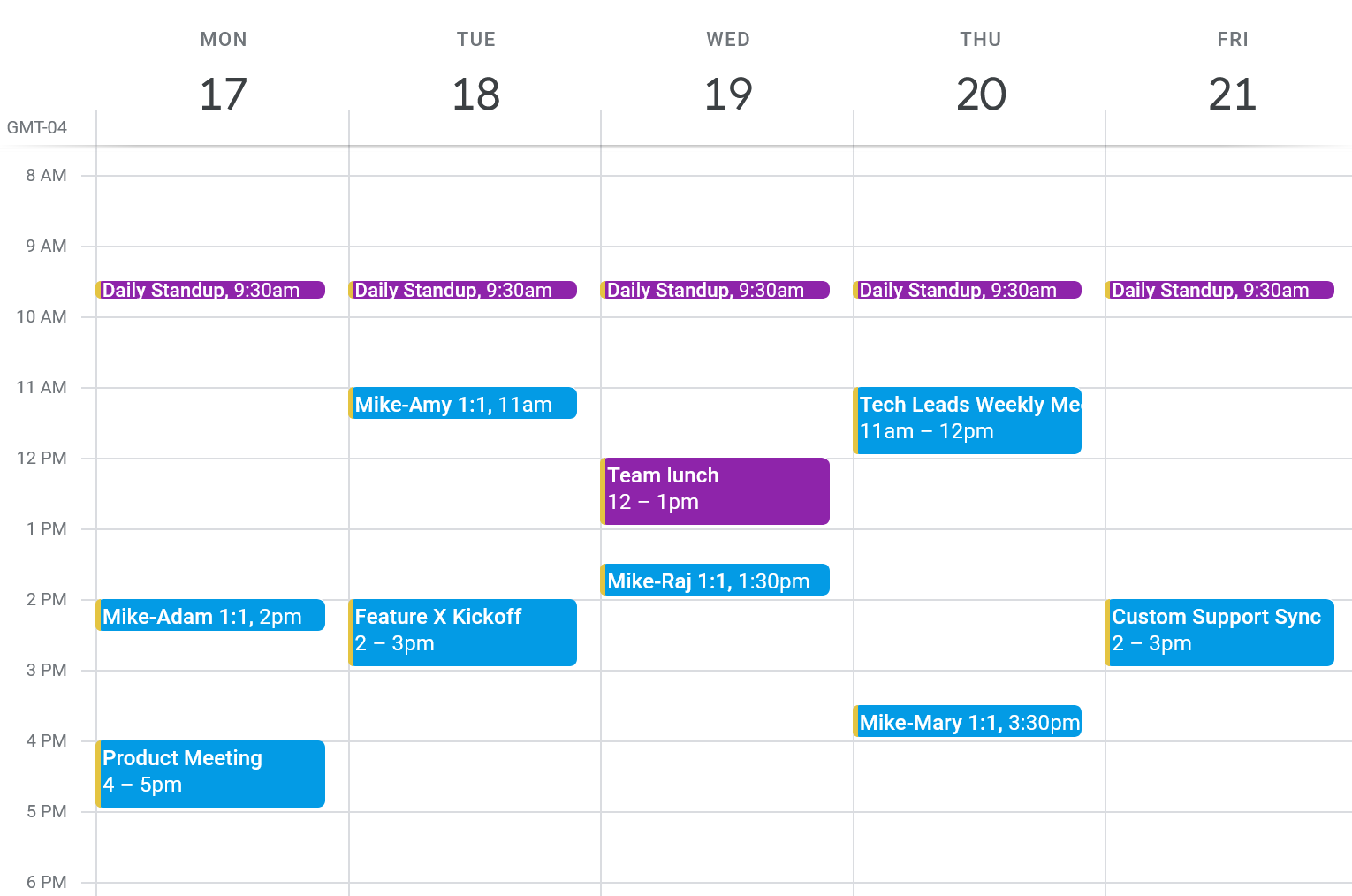 Before Calendar: Daily standup from 9:30-9:45am; Team lunch on Wednesday at noon; 1-on-1s and other meetings sprinkled throughout the week